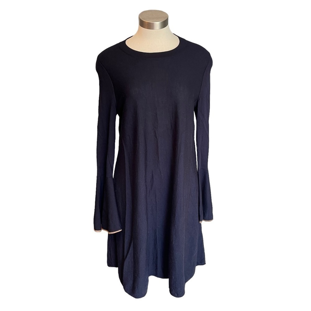 COS Dress Navy Blue Wool Knit Bell Sleeves Beige Trim A-Line Sz S